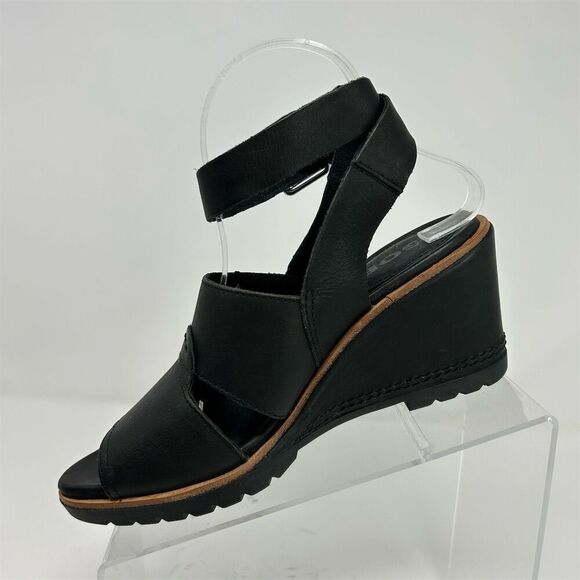 Sorel Women's Black Leather Ankle Strap Buckle Wedge Sandals Size 8 - Picture 3 of 11